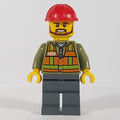 fig-009286 – Train Worker, Orange Safety Vest with Train Logo over Olive Green Hoodie, Dark Bluish Gray Legs, Red Hard Hat, Brown Beard