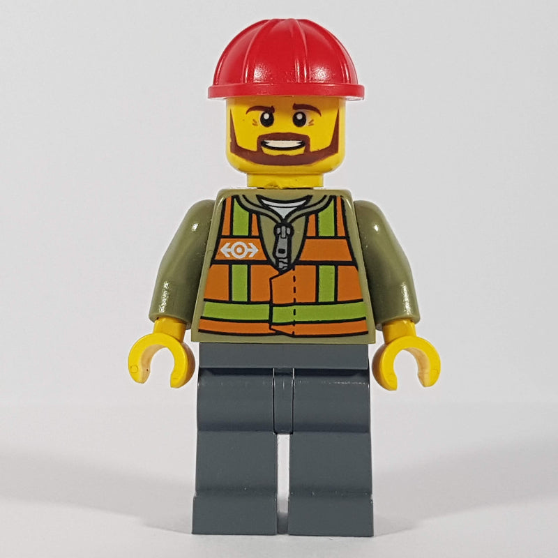 fig-009286 – Train Worker, Orange Safety Vest with Train Logo over Olive Green Hoodie, Dark Bluish Gray Legs, Red Hard Hat, Brown Beard