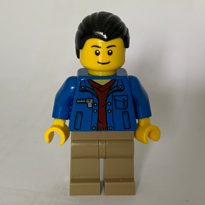 fig-009289 – Man, Blue Jacket over Dark Red Shirt, Dark Tan Legs, Black Legs