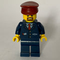 fig-009290 – Train Conductor, Dark Blue Suit with Tie and Train Logo, Dark Red Hat, Goatee Beard