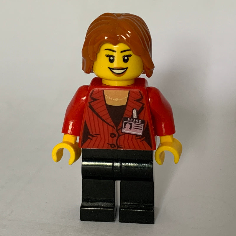fig-009291 – Reporter, Red Jacket, Black Legs, Dark Orange Hair
