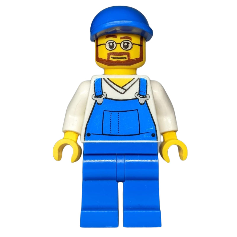 fig-009292 – Man, Blue Overalls over White V-Neck Shirt, Blue Cap, Beard and Glasses