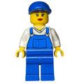 fig-009293 – Woman, Blue Overalls over White V-Neck Shirt, Blue Cap