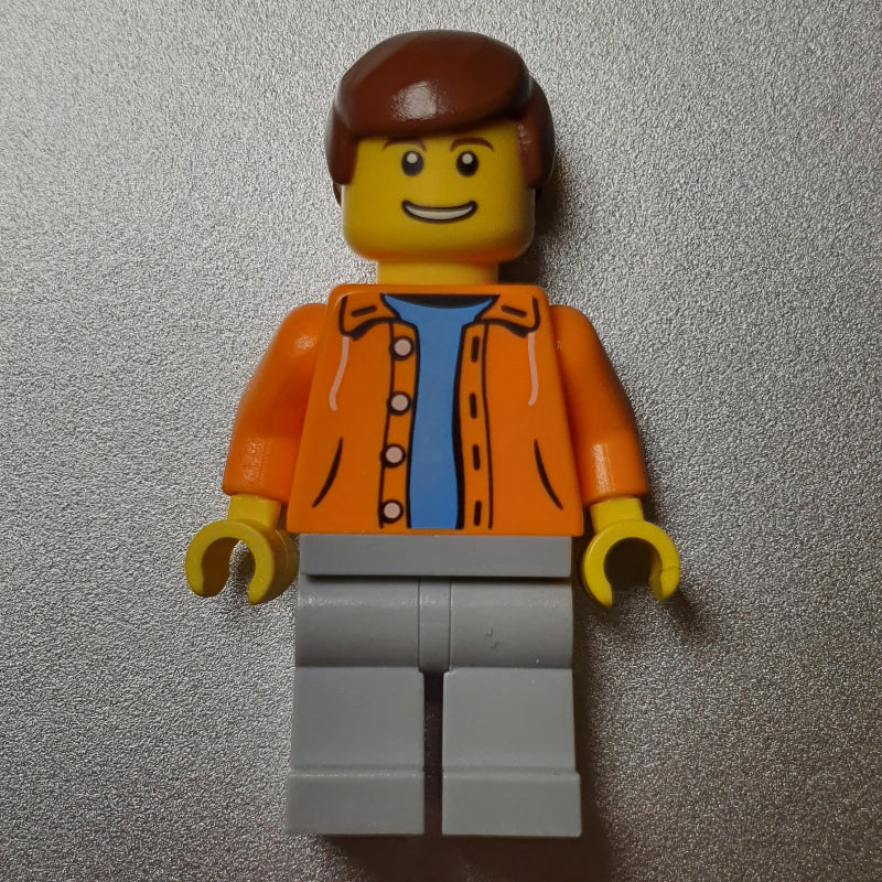 fig-009296 – Man, Open Orange Jacket over Light Blue Shirt, Reddish Brown Hair