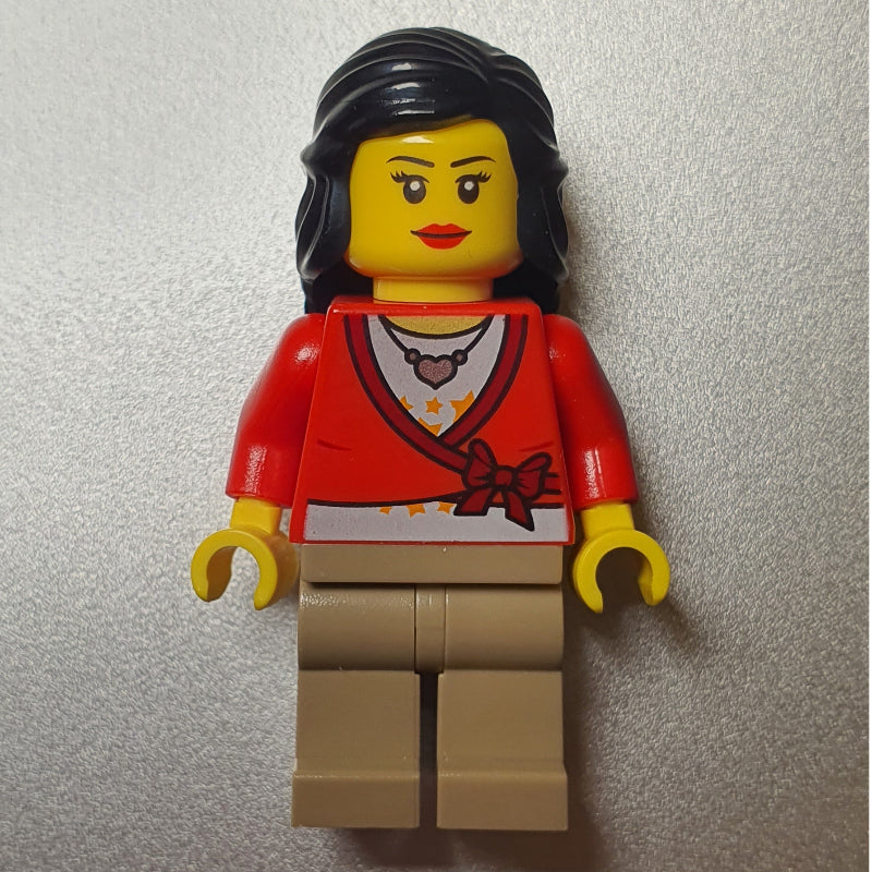 fig-009298 – Woman, Cardigan Tied with Bow and Necklace, Dark Tan Legs, Black Hair