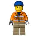 fig-009299 – Construction Worker, Orange Jacket with Zipper and Reflective Stripes, Dark Tan Legs, Blue Cap
