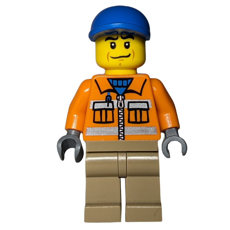 fig-009299 – Construction Worker, Orange Jacket with Zipper and Reflective Stripes, Dark Tan Legs, Blue Cap