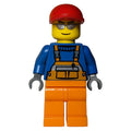 fig-009300 – Construction Worker, Orange Overalls over Blue Sweater, Red Cap, Silver Sunglasses