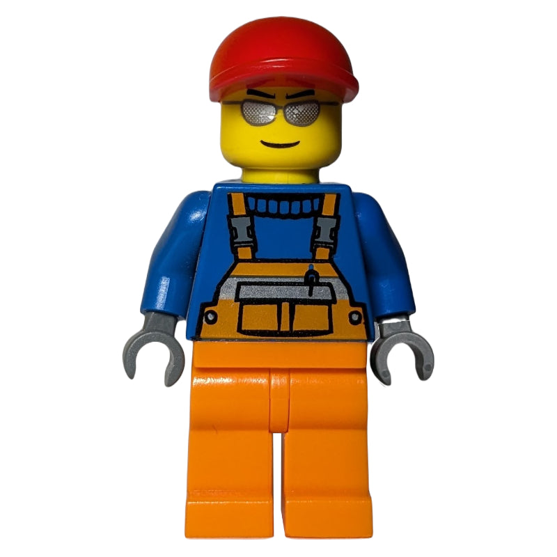 fig-009300 – Construction Worker, Orange Overalls over Blue Sweater, Red Cap, Silver Sunglasses