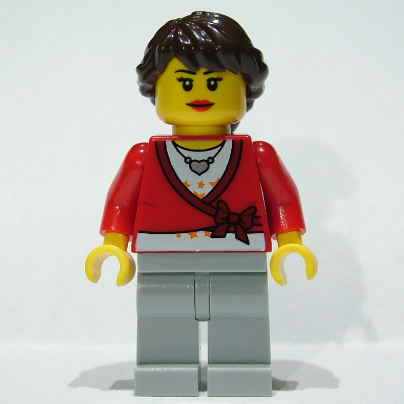 fig-009301 – Woman, Cardigan Tied with Bow and Necklace, Light Bluish Gray  Legs, Dark Brown Hair