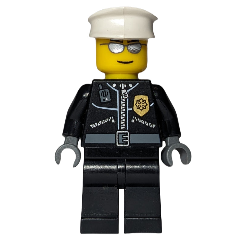 fig-009304 – Policeman, Black Jacket with Zipper and Badge, White Hat, Silver Sunglasses