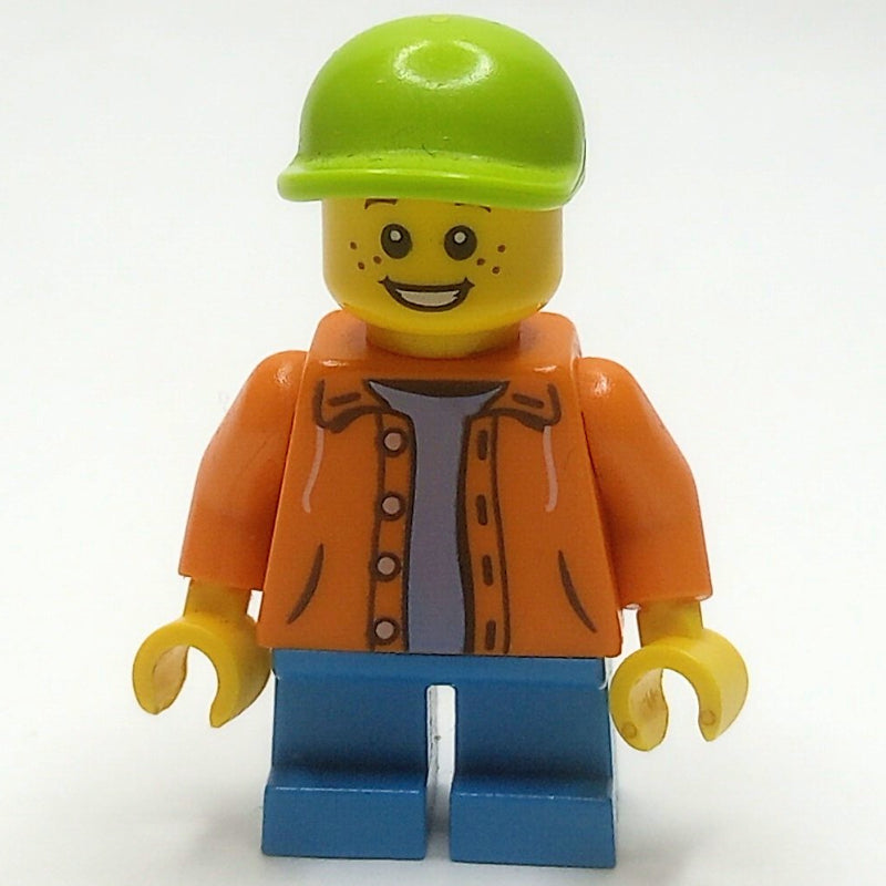 fig-009321 – Kid - Orange Torso, Dark Azure Legs, Lime Cap