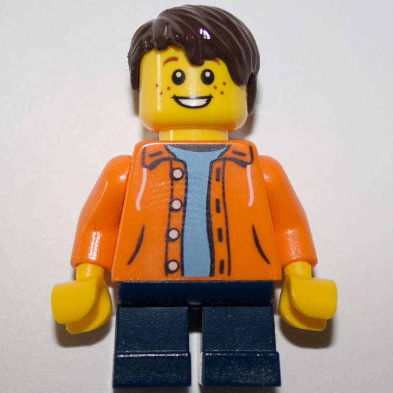 fig-009354 – Kid - Orange Torso, Dark Blue Legs, Dark Brown Hair