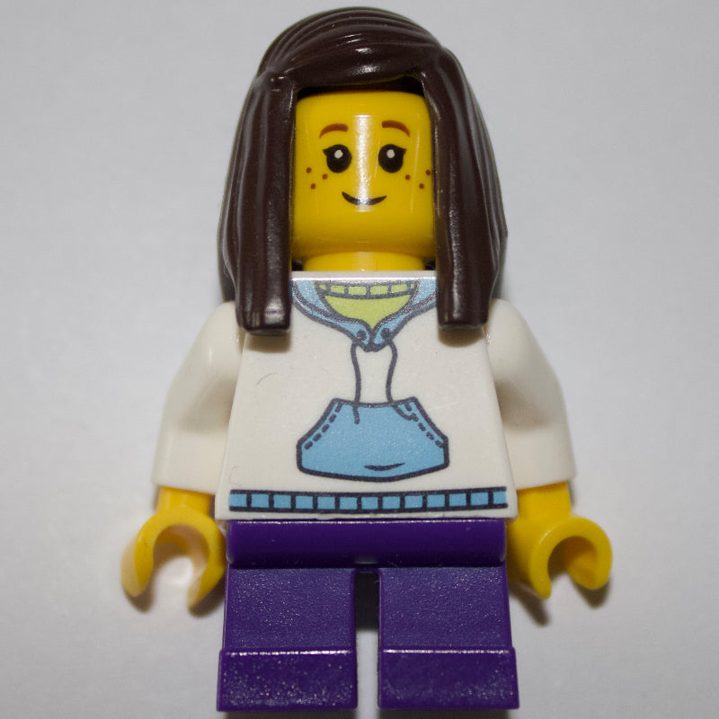 fig-009355 – Kid - White Torso, Dark Purple Legs, Dark Brown Hair