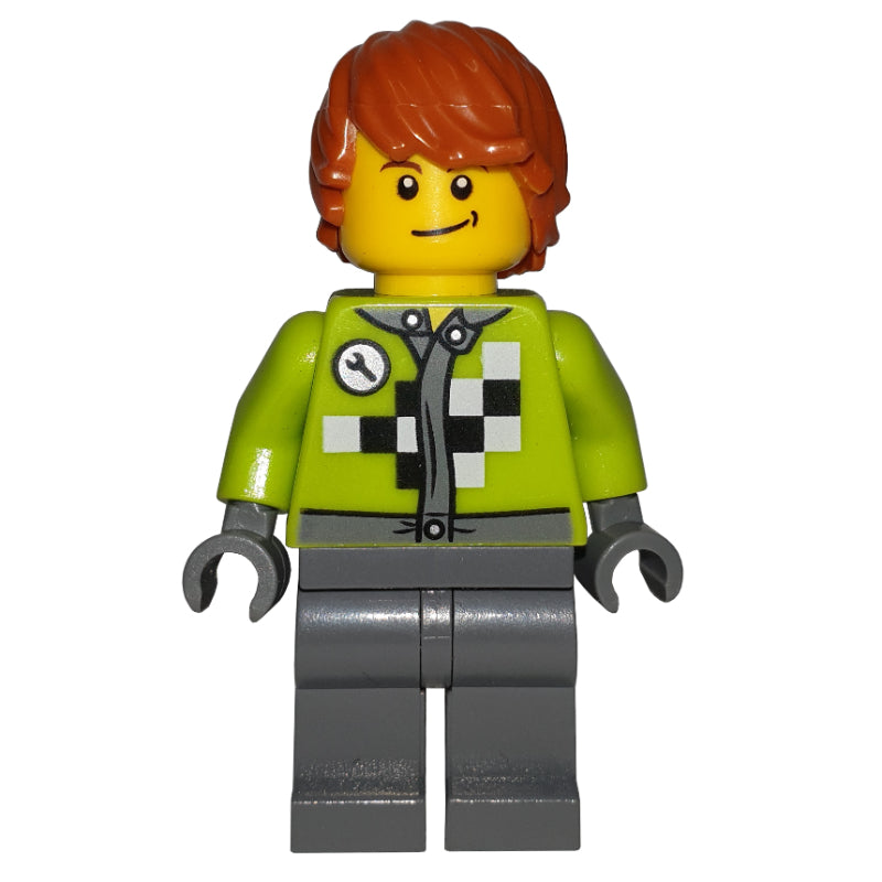 fig-009376 – Lime Torso, Dark Bluish Grey Legs, Dark Orange Hair