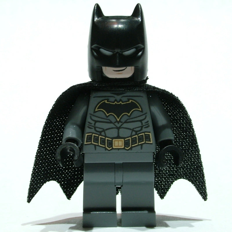 fig-009395 – Batman, Dark Bluish Gray Suit, Black Cape and Cowl, Black Head, Dark Bluish Gray Legs, Gold Trim Batman Logo (19185 Cape)