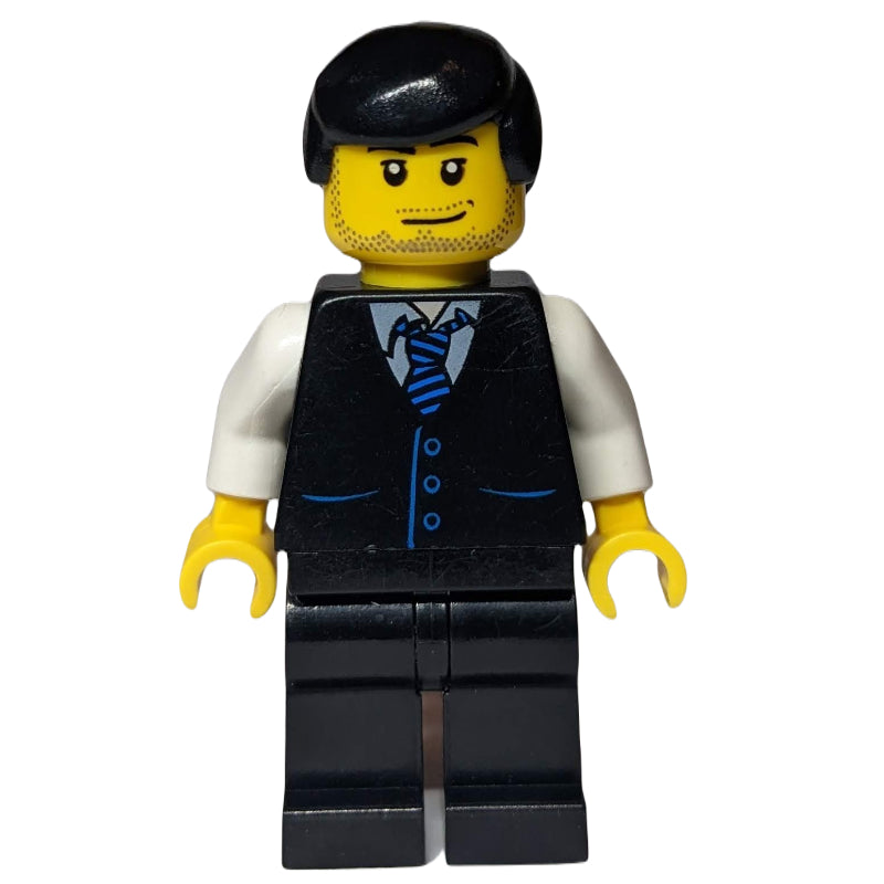 fig-009400 – Man, Black Vest over White Shirt with Tie, Black Legs, Black Hair, Stubble
