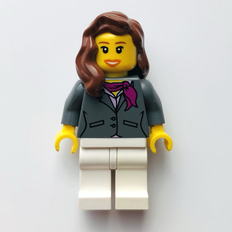 fig-009401 – Woman, Dark Bluish Gray Jacket with Magenta Scarf, White Legs, Reddish Brown Hair