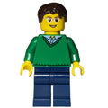 fig-009402 – Man, Green V-Neck Sweater, Dark Blue Legs, Dark Brown Hair, Glasses