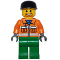 fig-009406 – Construction Worker, Orange Jacket with Zipper and Reflective Stripes, Green Legs, Black Cap, Goatee Beard