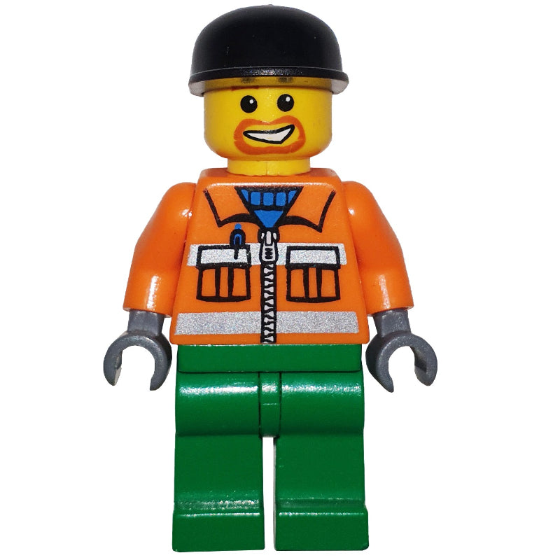 fig-009406 – Construction Worker, Orange Jacket with Zipper and Reflective Stripes, Green Legs, Black Cap, Goatee Beard