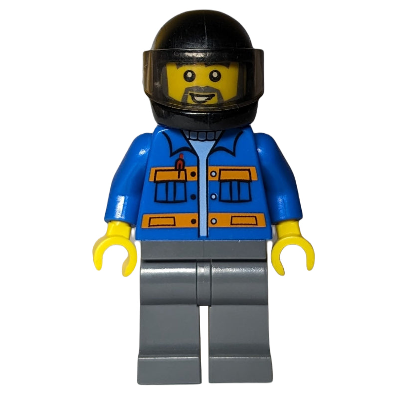 fig-009412 – Worker, Blue Jacket with Orange Stripes, Dark Bluish Gray Legs, Black Helmet with Visor, Beard