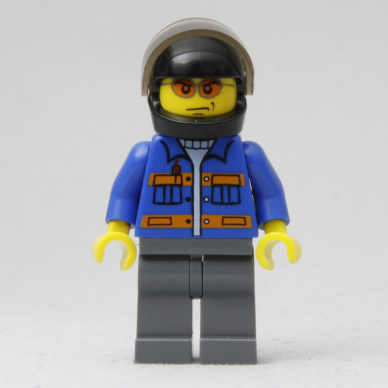 fig-009413 – Worker, Blue Jacket with Orange Stripes, Dark Bluish Gray Legs, Black Helmet with Visor, Orange Sunglasses