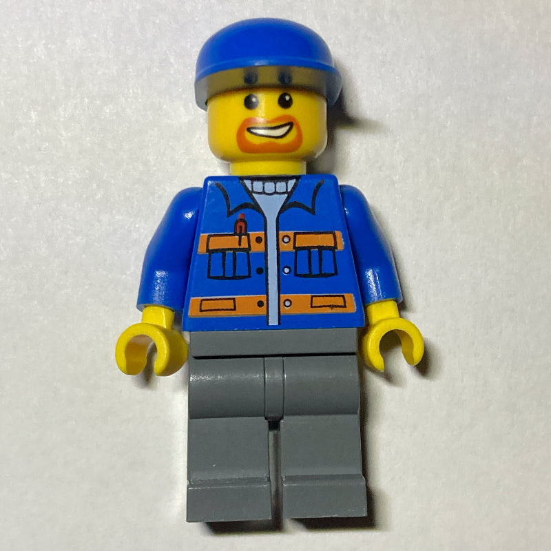 fig-009414 – Worker, Blue Jacket with Orange Stripes, Dark Bluish Gray Legs, Blue Cap, Goatee Beard