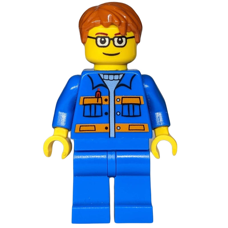fig-009415 – Worker, Blue Jacket with Orange Stripes, Blue Legs, Dark Orange Hair, Glasses