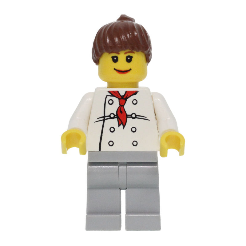 fig-009418 – Chef, Woman, Red Neckerchief, Light Bluish Gray Legs, Reddish Brown Hair, 3626bpr0043 Head