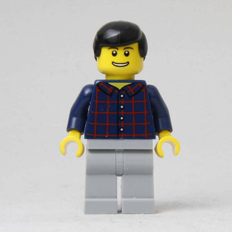 fig-009420 – Man, Dark Blue Plaid Shirt, Light Bluish Gray Legs, Black Hair