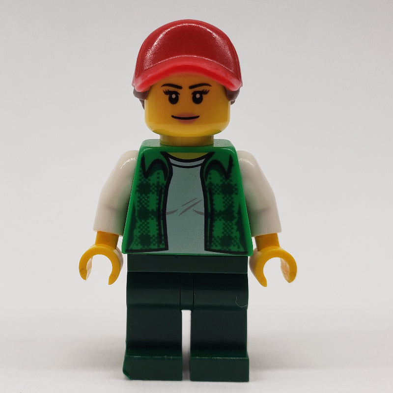 fig-009423 – Woman, Open Green Flannel Shirt, Dark Green Legs, Red Cap with Hair