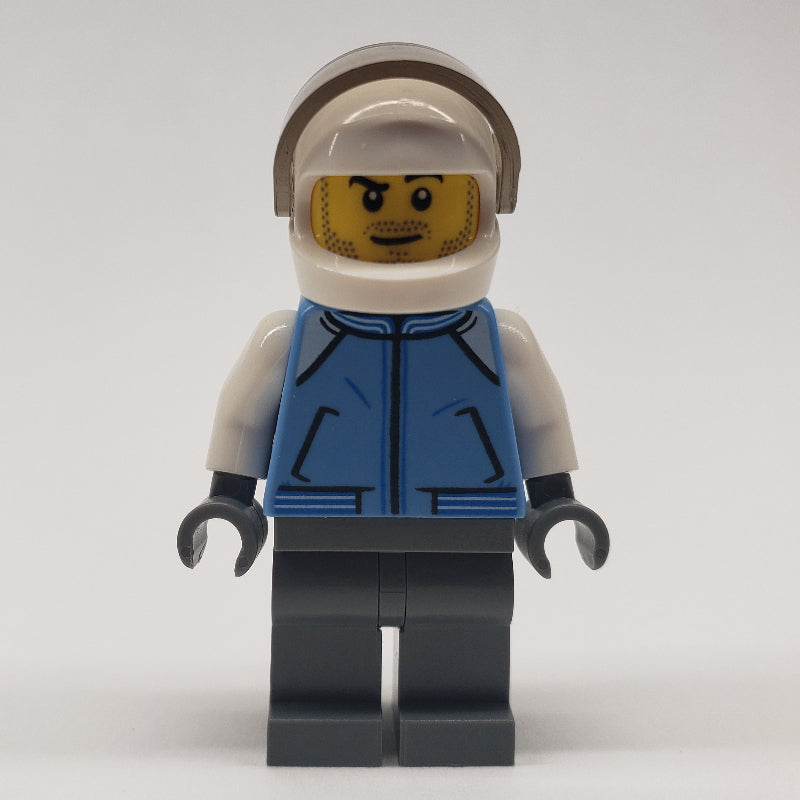 fig-009424 – Pilot, Medium Blue Jacket, Dark Bluish Gray Legs, White Helmet with Visor, Stubble