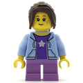 fig-009426 – Girl, Open Bright Light Blue Hoodie over Dark Purple Shirt with Star, Short Medium Lavender Legs, Dark Brown Hair