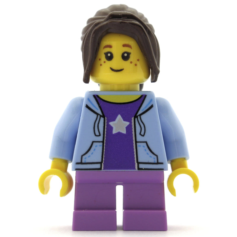 fig-009426 – Girl, Open Bright Light Blue Hoodie over Dark Purple Shirt with Star, Short Medium Lavender Legs, Dark Brown Hair