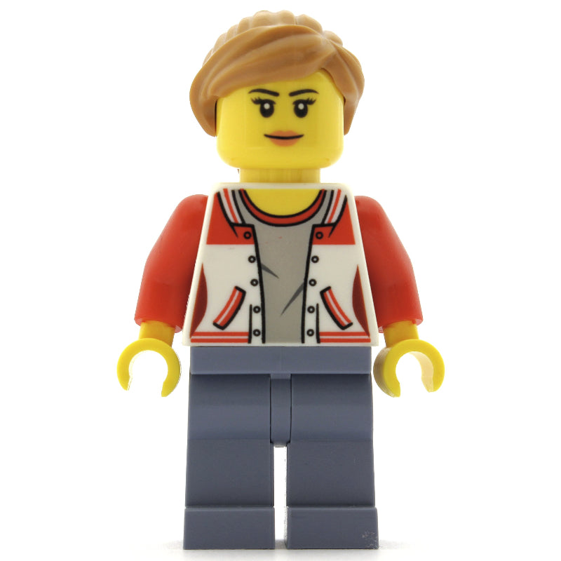 fig-009428 – Woman, Red and White Letterman Jacket, Sand Blue Legs, Medium Nougat Hair