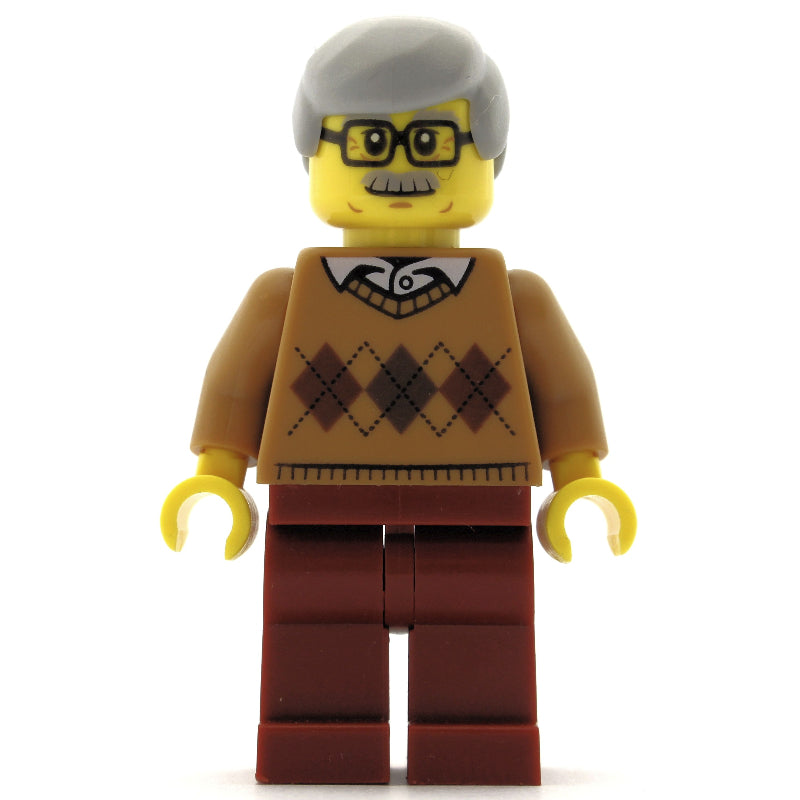 fig-009429 – Man, Medium Nougat Argyle Sweater, Dark Red Legs, Moustache and Glasses