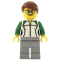 fig-009430 – Woman, Green and White Jacket with Zipper, Light Bluish Gray Legs, Reddish Brown Hair, Glasses