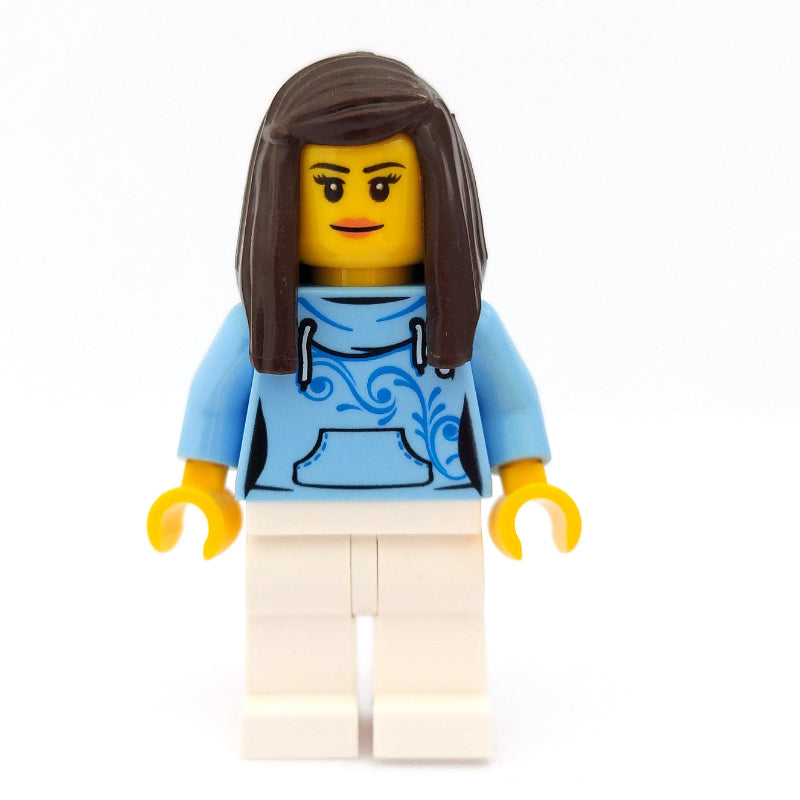 fig-009432 – Woman, Bright Light Blue Hoodie, White Legs, Dark Brown Hair