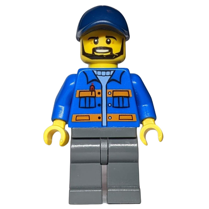 fig-009433 – Worker, Blue Jacket with Orange Stripes, Dark Bluish Gray Legs, Dark Blue Cap