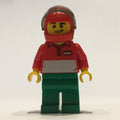 fig-009439 – Pizza Delivery Man, Red and White Polo Shirt, Green Legs, Red Helmet with Visor