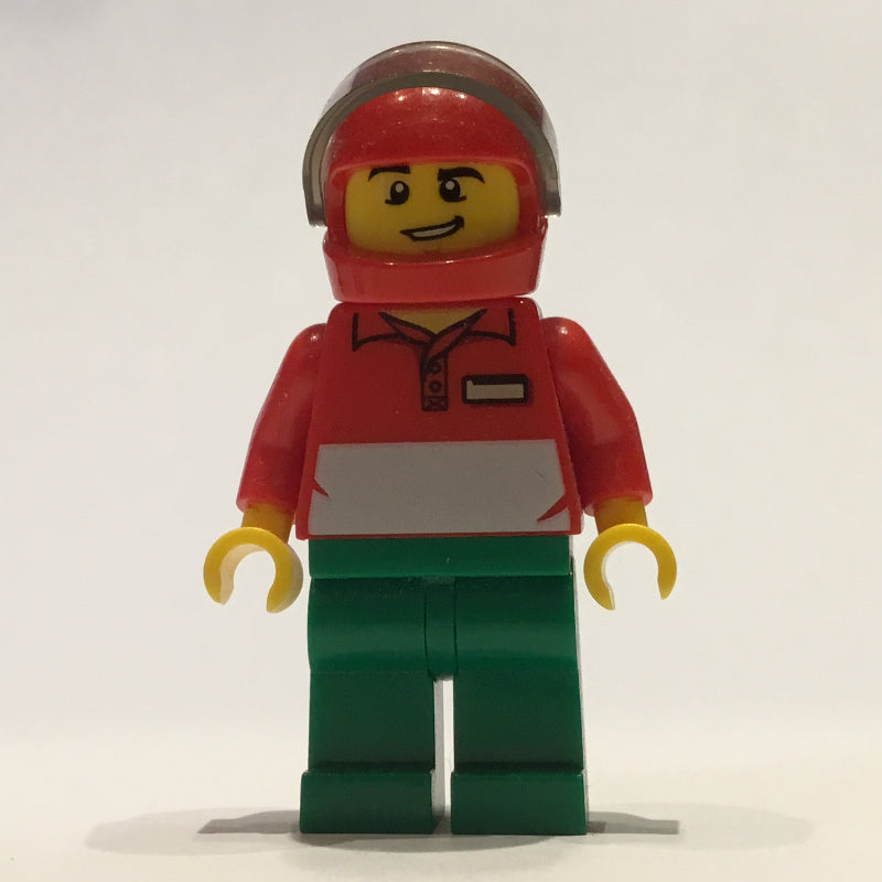 fig-009439 – Pizza Delivery Man, Red and White Polo Shirt, Green Legs, Red Helmet with Visor