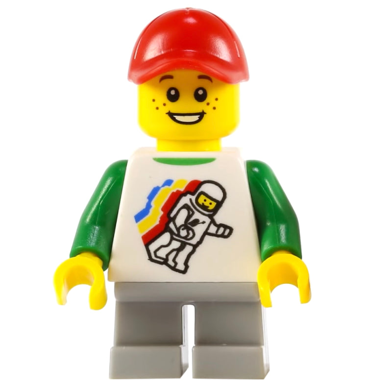 fig-009440 – Boy, Floating Classic Spaceman on Shirt, Short Light Bluish Gray Legs, Red Cap