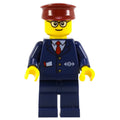 fig-009441 – Train Conductor, Dark Blue Suit with Tie and Train Logo, Dark Red Hat, Glasses (3626c head)