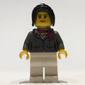 fig-009442 – Woman, Dark Bluish Gray Jacket with Magenta Scarf, White Legs, Black Ponytail Hair