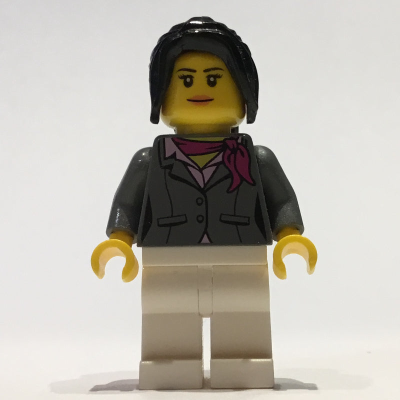 fig-009442 – Woman, Dark Bluish Gray Jacket with Magenta Scarf, White Legs, Black Ponytail Hair