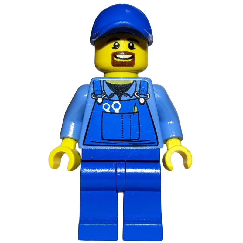 fig-009445 – Man, Blue Overalls over Shirt, Blue Legs, Blue Cap, Goatee Beard