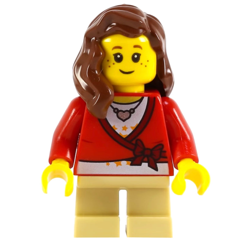 fig-009446 – Girl, Cardigan Tied with Bow and Necklace, Tan Legs, Reddish Brown Hair