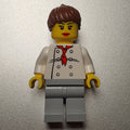 fig-009447 – Chef, Woman, Red Neckerchief, Light Bluish Gray Legs, Reddish Brown Ponytail Hair, 3626bpr0892 Head