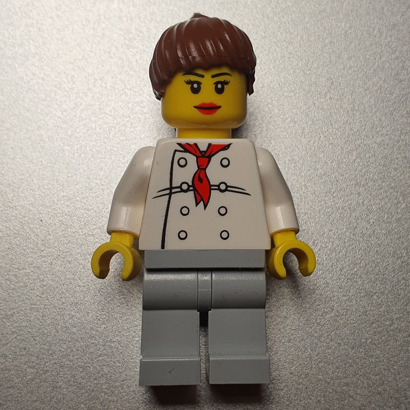 fig-009447 – Chef, Woman, Red Neckerchief, Light Bluish Gray Legs, Reddish Brown Ponytail Hair, 3626bpr0892 Head